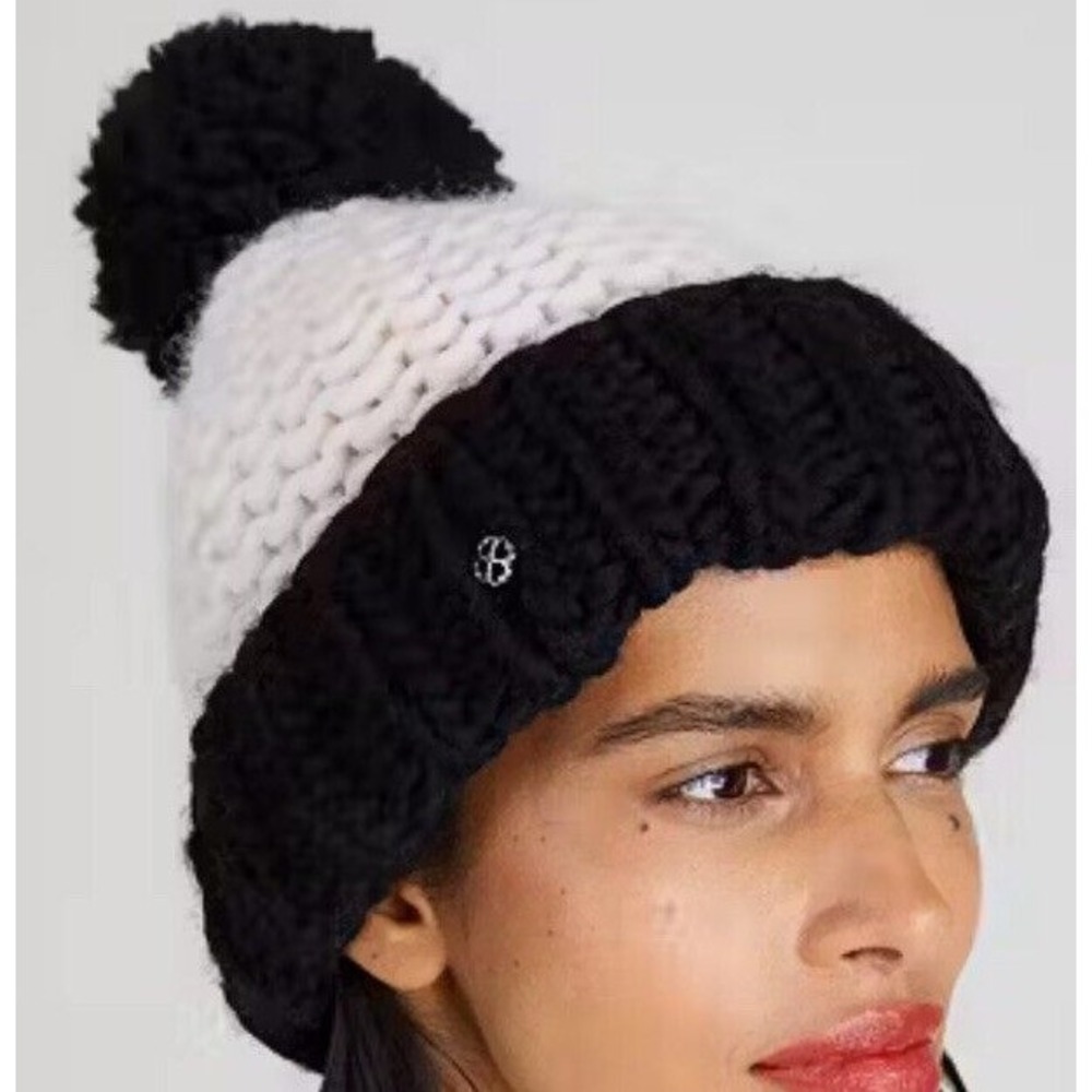 Kate Spade Beanie Cable Knit Pom Pom Wool Hat Black Cream Color block‎ OSFM